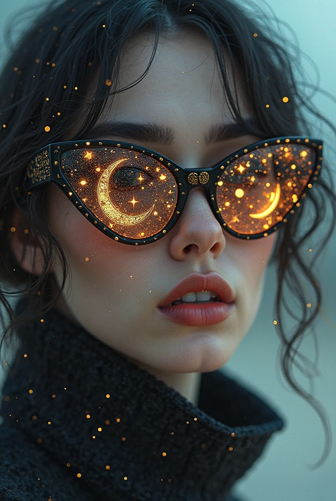 Model wearing glass sunglasses,There are stars and moon on the lens