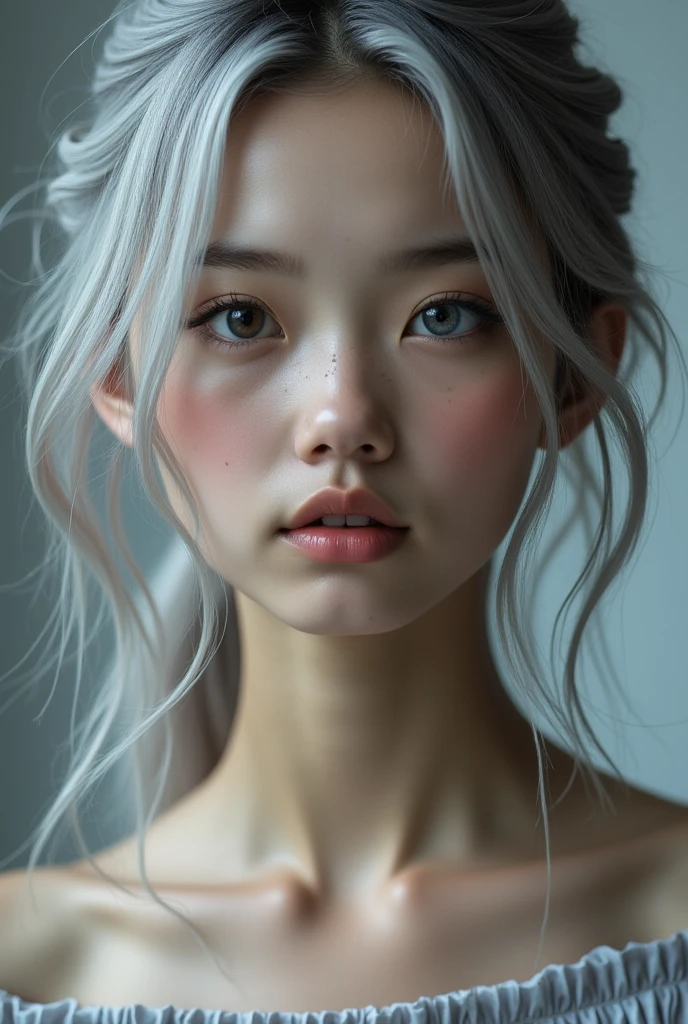 , masterpiece, Ultra High Resolution, (Realistis: 1.4), RAW photos , 1 girl , Off-the-shoulder, optic,Heterochromia, gray hair, gray hair