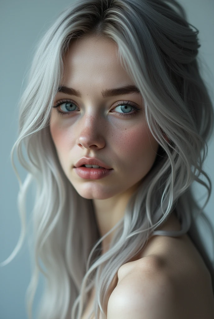 , masterpiece, Ultra High Resolution, (Realistis: 1.4), RAW photos , 1 girl , Off-the-shoulder, optic,Heterochromia, gray hair, gray hair
