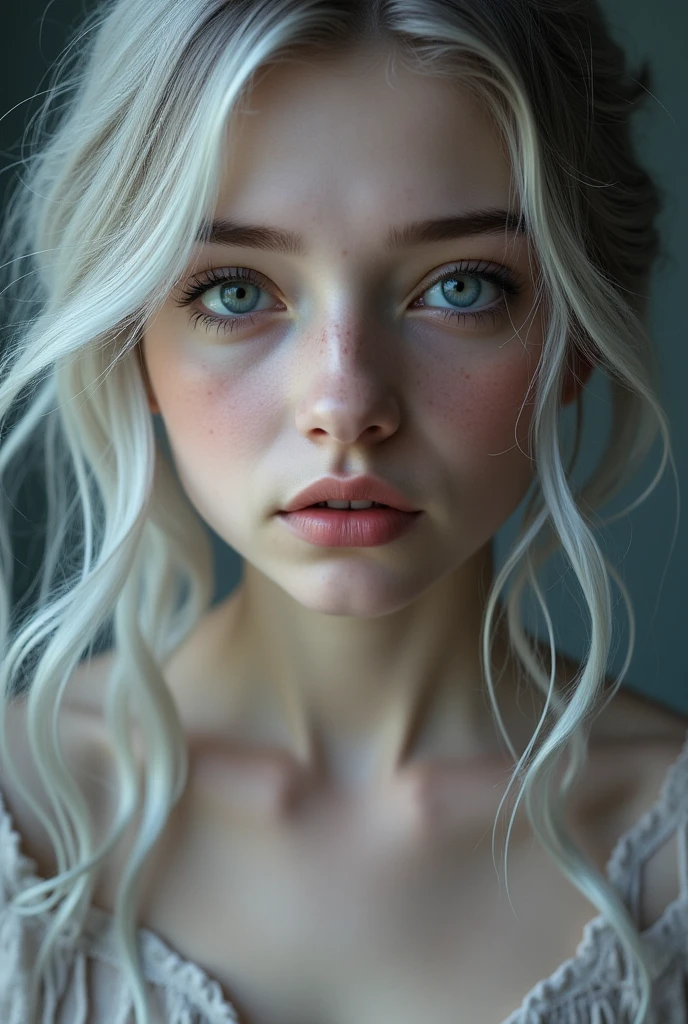 , masterpiece, Ultra High Resolution, (Realistis: 1.4), RAW photos , 1 girl , Off-the-shoulder, optic,Heterochromia, gray hair, gray hair