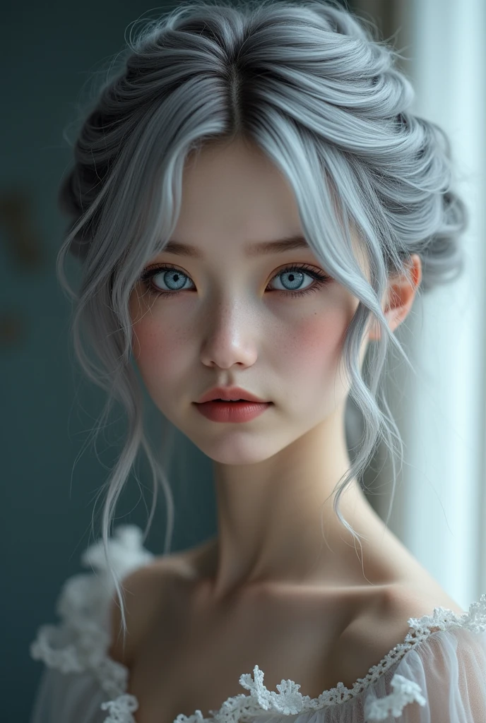, masterpiece, Ultra High Resolution, (Realistis: 1.4), RAW photos , 1 girl , Off-the-shoulder, optic,Heterochromia, gray hair, gray hair