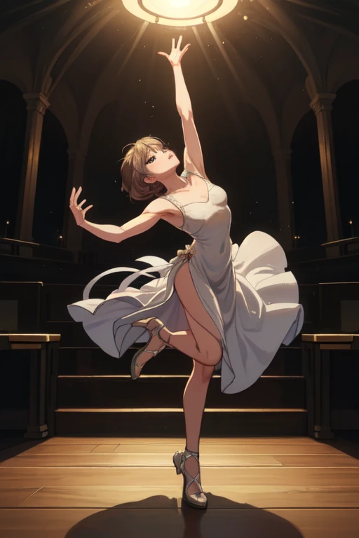 dancer, female, stage spotlight, ballet pose, flowing dress, empty theater, wooden floor reflection, artistic style, digital painting, motion blur, soft lighting, graceful anatomy, ultra-detailed textures, 4k, masterpiece