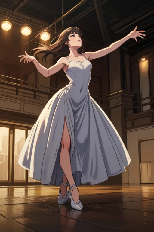 dancer, female, stage spotlight, ballet pose, flowing dress, empty theater, wooden floor reflection, artistic style, digital painting, motion blur, soft lighting, graceful anatomy, ultra-detailed textures, 4k, masterpiece