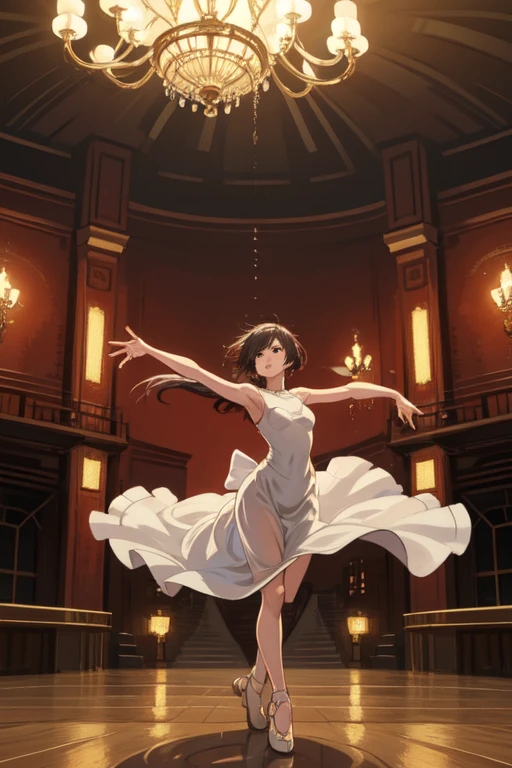 dancer, female, stage spotlight, ballet pose, flowing dress, empty theater, wooden floor reflection, artistic style, digital painting, motion blur, soft lighting, graceful anatomy, ultra-detailed textures, 4k, masterpiece