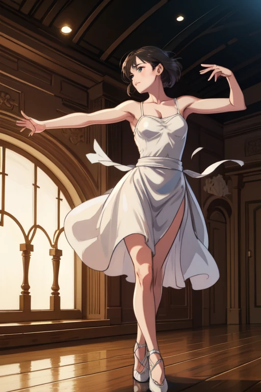 dancer, female, stage spotlight, ballet pose, flowing dress, empty theater, wooden floor reflection, artistic style, digital painting, motion blur, soft lighting, graceful anatomy, ultra-detailed textures, 4k, masterpiece