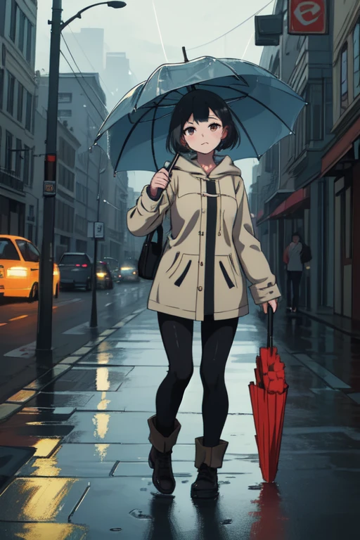 girl holding an umbrella, Walking in the rain, The city at night, Reflections on the street, posterior view, anime art style, digitial painting, Bokeh lights, Wet surfaces, soft edge lighting, High resolution scene, Ultra fine, masterpiece