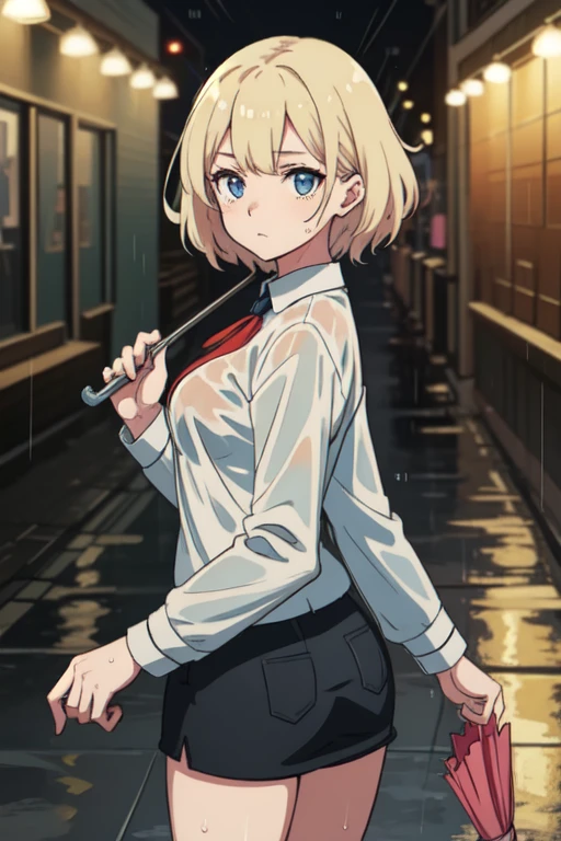 girl holding an umbrella, Walking in the rain, The city at night, Reflections on the street, posterior view, anime art style, digitial painting, Bokeh lights, Wet surfaces, soft edge lighting, High resolution scene, Ultra fine, masterpiece