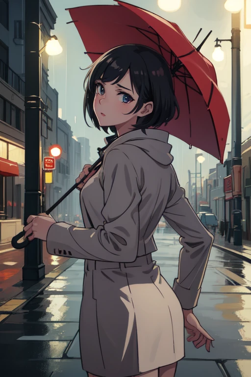 girl holding an umbrella, Walking in the rain, The city at night, Reflections on the street, posterior view, anime art style, digitial painting, Bokeh lights, Wet surfaces, soft edge lighting, High resolution scene, Ultra fine, masterpiece