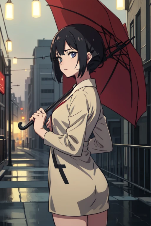 girl holding an umbrella, Walking in the rain, The city at night, Reflections on the street, posterior view, anime art style, digitial painting, Bokeh lights, Wet surfaces, soft edge lighting, High resolution scene, Ultra fine, masterpiece