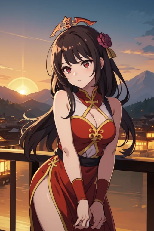 (masterpiece, best quality: 1.2), a girl with fenghuang wings standing in a ring of fire, Red glittering eyes, fenghuang, lotus flower, Red gold pink, The background is the sunrise over the mountains