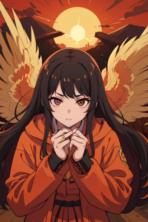 (masterpiece, best quality: 1.2), a girl with fenghuang wings standing in a ring of fire, Red glittering eyes, fenghuang, lotus flower, Red gold pink, The background is the sunrise over the mountains