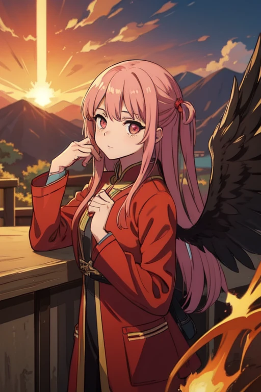(masterpiece, best quality: 1.2), a girl with fenghuang wings standing in a ring of fire, Red glittering eyes, fenghuang, lotus flower, Red gold pink, The background is the sunrise over the mountains