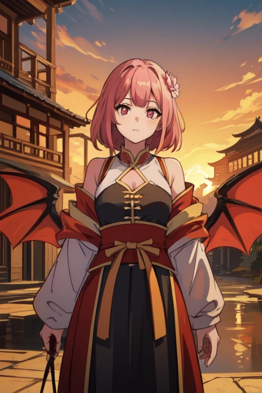 (masterpiece, best quality: 1.2), a girl with fenghuang wings standing in a ring of fire, Red glittering eyes, fenghuang, lotus flower, Red gold pink, The background is the sunrise over the mountains