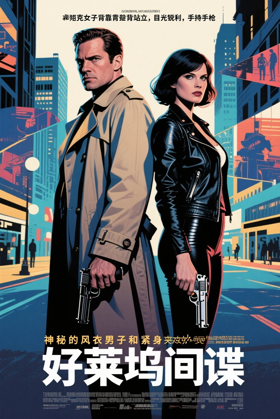 Hollywood spy thriller poster:Mysterious man in trench coat and woman in tight jacket standing back to back,Sharp eyes,holding handgun。background uses multi-scene narration and double exposure。in pop art style,Thrilling suspense。deep blues、black、red and tones,for dramatic effect。