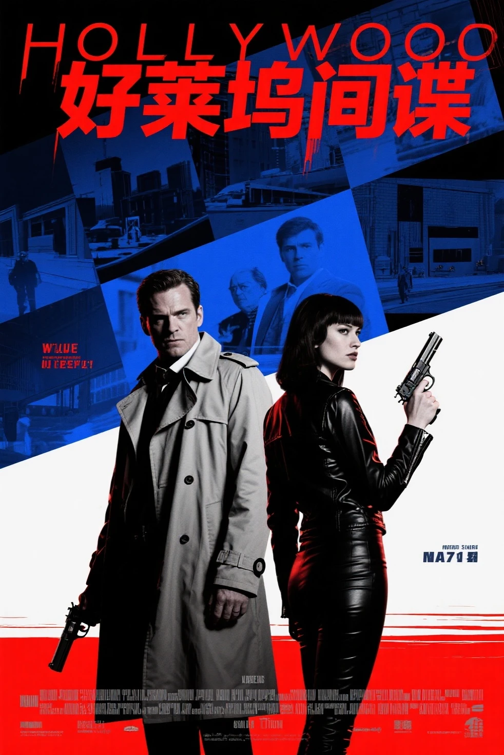 Hollywood spy thriller poster:Mysterious man in trench coat and woman in tight jacket standing back to back,Sharp eyes,holding handgun。background uses multi-scene narration and double exposure。in pop art style,Thrilling suspense。deep blues、black、red and tones,for dramatic effect。