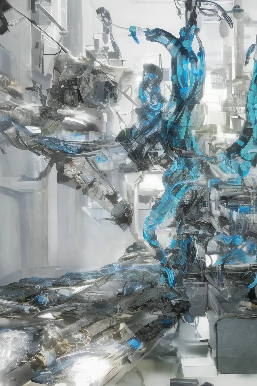 Cyberpunk-style mechanical prosthetic arm, intricate hydraulics & carbon fiber plating, glowing blue joints, realistic wear & tear, futuristic lab background, 8K ultra-detailed.