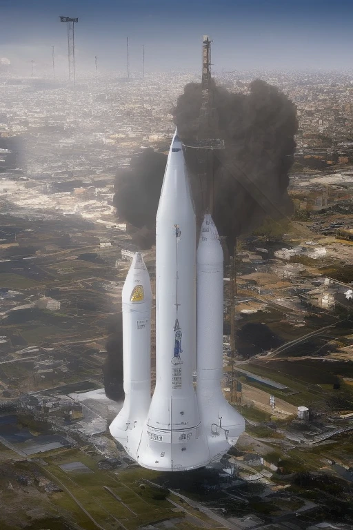 Realistic SpaceX-style rocket launch at dusk, fiery exhaust, smoke trails, 8K detail, Falcon 9 or Starship, night sky backdrop with stars.