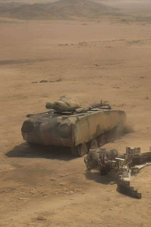 Battle-scarred futuristic tank in desert, reactive armor, plasma cannon glowing, sandstorm backdrop, 8K ultra-detailed, cinematic lighting.