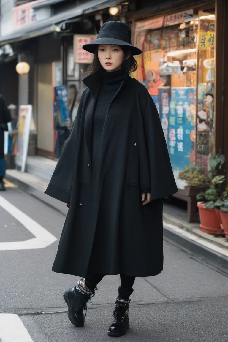 walking down the street in black and a hat, black oversized clothes, japanese city street fashion, tokyo fashion, in ancient streetwear, black greatcoat, japanese street fashion, Chie Yoshii style, japanese streetwear, wearing black greatcoat, Black turtleneck, She is seen wearing streetwear pieces, black cloak from neck to ankles