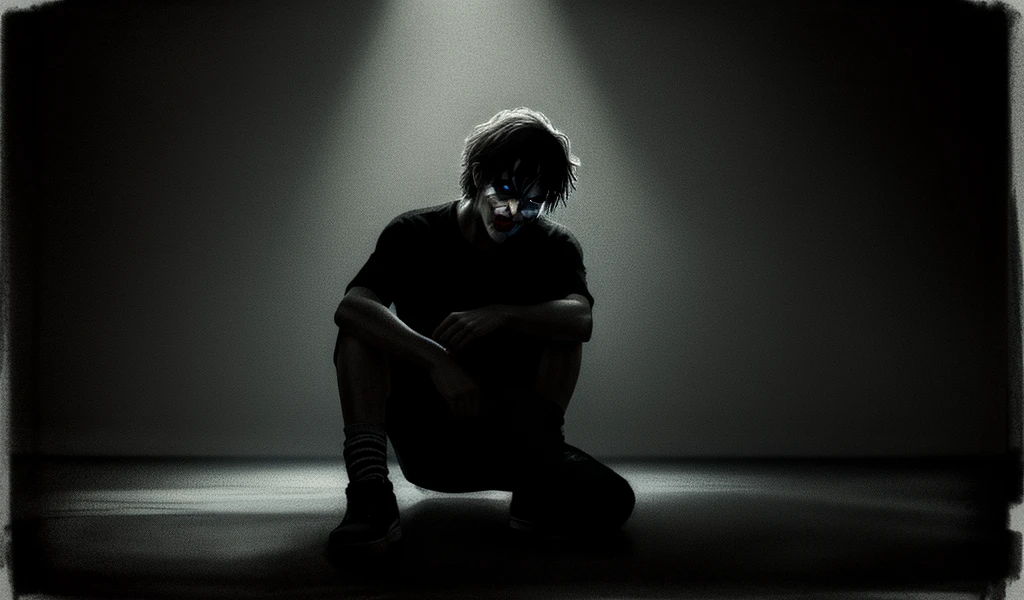 jocker, Sitting on an empty stage under a flickering spotlight, Tears smeared painted smile. Drawn in a grunge  aesthetic, Rendered as a charcoal sketch，With layered shadows. Harsh directional light, Grainy shadows. Evoke melancholy, isolation. high resolution, Emotional density, Expressive lines, Texture rendering.