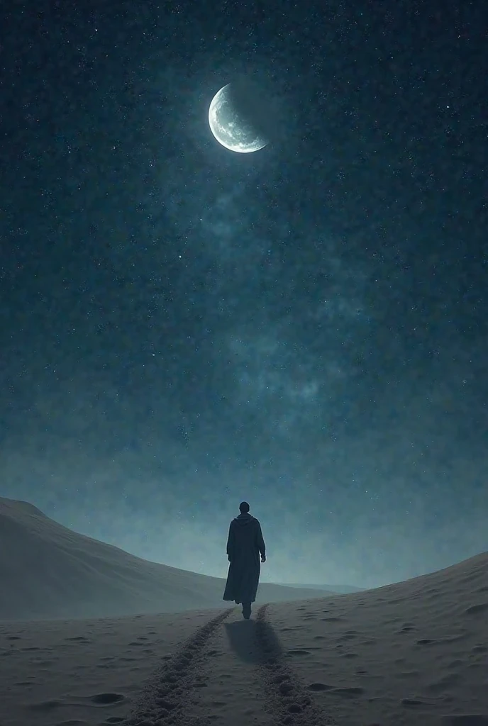 A lone knight traverses a vast desert under a starry night sky, was depicted only by moonlight. the stars twirled subtly, As if time stopped. in a magical realist manner, This digital work combines surreal composition with photographic lighting logic. deep shading, Silver gradient, and the flowing dust trajectory. Masterpiece level, 4K, atmospheric render.
