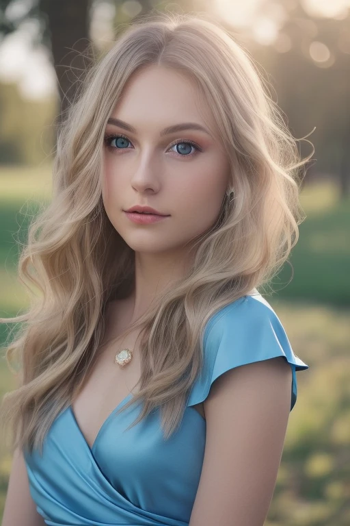 Golden-haired beauty, radiant wavy locks, piercing blue eyes, flawless porcelain skin, soft natural makeup, elegant red dress, sunlight glow, photorealistic 8K portrait --v 6