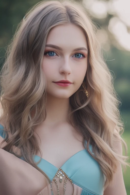 Golden-haired beauty, radiant wavy locks, piercing blue eyes, flawless porcelain skin, soft natural makeup, elegant red dress, sunlight glow, photorealistic 8K portrait --v 6
