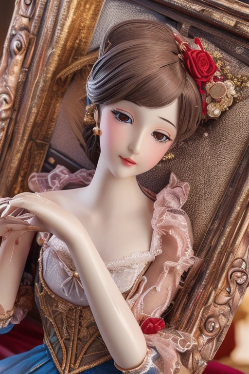 Exquisitely crafted wooden puppet, intricate jointed limbs, glossy varnished body, hand-painted delicate face with rosy cheeks, elegant Victorian lace costume, posed gracefully on velvet stage, warm spotlight, hyper-detailed 8K close-up --v 6