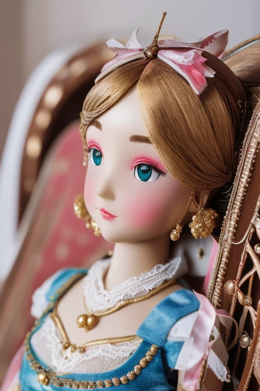 Exquisitely crafted wooden puppet, intricate jointed limbs, glossy varnished body, hand-painted delicate face with rosy cheeks, elegant Victorian lace costume, posed gracefully on velvet stage, warm spotlight, hyper-detailed 8K close-up --v 6