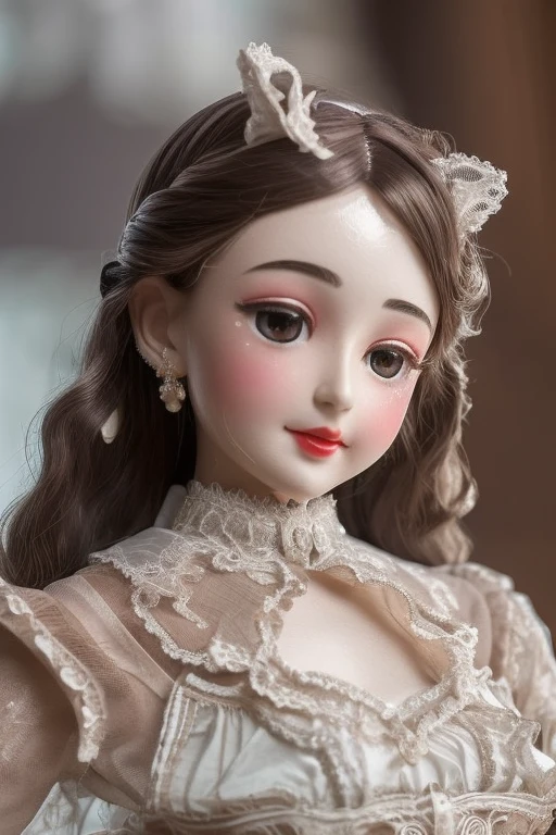 Exquisitely crafted wooden puppet, intricate jointed limbs, glossy varnished body, hand-painted delicate face with rosy cheeks, elegant Victorian lace costume, posed gracefully on velvet stage, warm spotlight, hyper-detailed 8K close-up --v 6