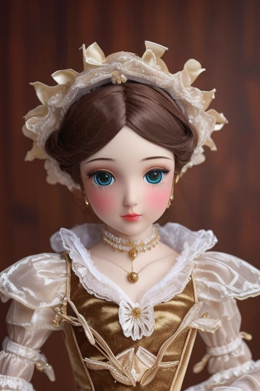 Exquisitely crafted wooden puppet, intricate jointed limbs, glossy varnished body, hand-painted delicate face with rosy cheeks, elegant Victorian lace costume, posed gracefully on velvet stage, warm spotlight, hyper-detailed 8K close-up --v 6