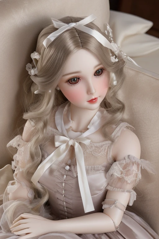 Exquisite porcelain doll, delicate hand-painted face with rosy cheeks, sparkling glass eyes, silky blonde curls, lace-trimmed Victorian dress, satin ribbons, posed elegantly on velvet cushion, soft diffused lighting, hyper-realistic 8K details --v 6