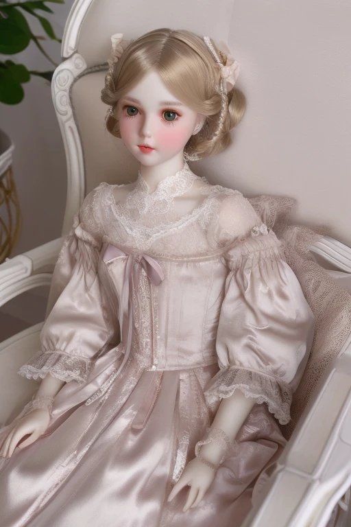 Exquisite porcelain doll, delicate hand-painted face with rosy cheeks, sparkling glass eyes, silky blonde curls, lace-trimmed Victorian dress, satin ribbons, posed elegantly on velvet cushion, soft diffused lighting, hyper-realistic 8K details --v 6