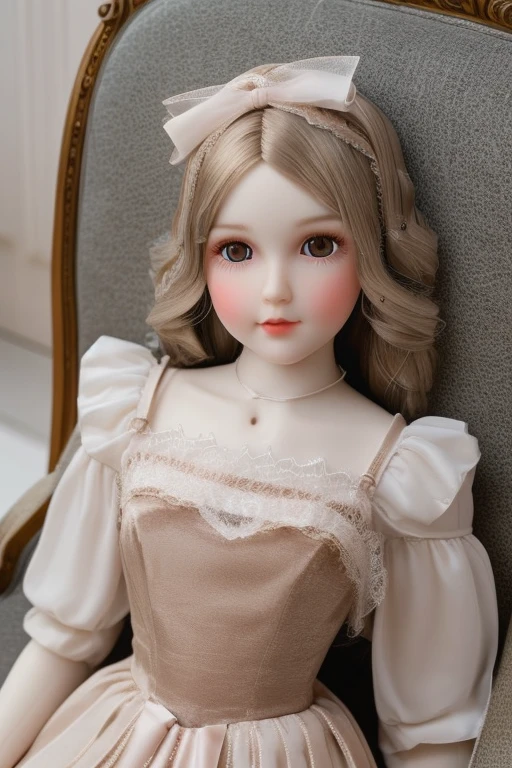 Exquisite porcelain doll, delicate hand-painted face with rosy cheeks, sparkling glass eyes, silky blonde curls, lace-trimmed Victorian dress, satin ribbons, posed elegantly on velvet cushion, soft diffused lighting, hyper-realistic 8K details --v 6