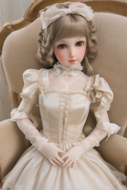 Exquisite porcelain doll, delicate hand-painted face with rosy cheeks, sparkling glass eyes, silky blonde curls, lace-trimmed Victorian dress, satin ribbons, posed elegantly on velvet cushion, soft diffused lighting, hyper-realistic 8K details --v 6