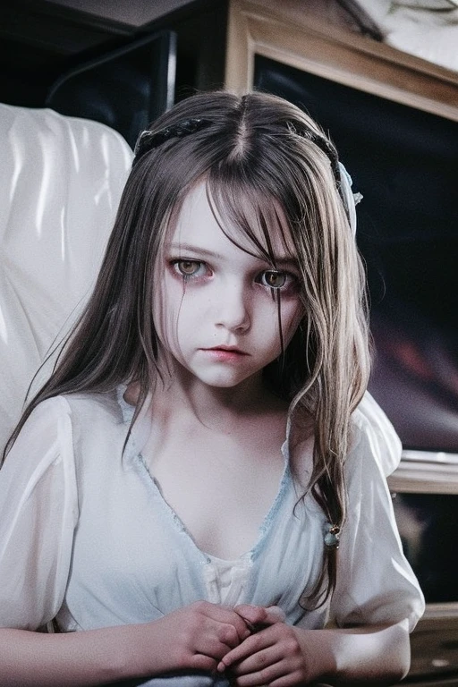 Creepy long-haired ghost girl in white tattered dress, pale rotting skin, black stringy hair covering face, crawling from TV screen, eerie blue lighting, horror atmosphere --v 6