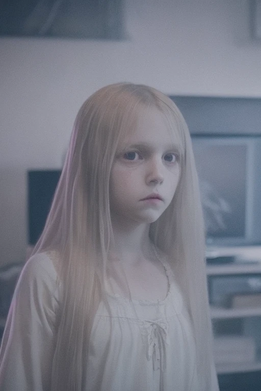 Creepy long-haired ghost girl in white tattered dress, pale rotting skin, black stringy hair covering face, crawling from TV screen, eerie blue lighting, horror atmosphere --v 6
