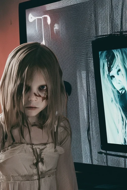 Creepy long-haired ghost girl in white tattered dress, pale rotting skin, black stringy hair covering face, crawling from TV screen, eerie blue lighting, horror atmosphere --v 6