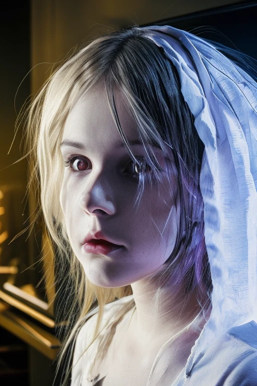 Creepy long-haired ghost girl in white tattered dress, pale rotting skin, black stringy hair covering face, crawling from TV screen, eerie blue lighting, horror atmosphere --v 6