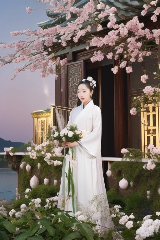 Elegant Chinese moon goddess Chang'e in flowing white hanfu, silver hair ornaments, holding jade rabbit, standing on moon palace terrace with glowing osmanthus tree, hereal celestial lighting --v 6