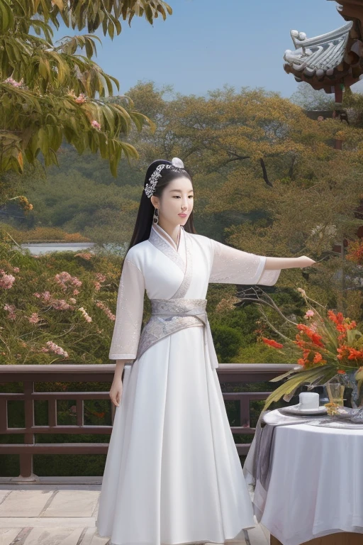 Elegant Chinese moon goddess Chang'e in flowing white hanfu, silver hair ornaments, holding jade rabbit, standing on moon palace terrace with glowing osmanthus tree, hereal celestial lighting --v 6