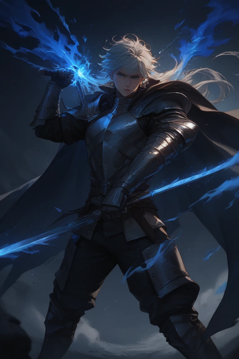 The Dark Knight, wielding a huge blade and rushing forward, sparks on the armor. Highly fantastic realistic style, are drawn digitally illustrated,with layered post-effects. blue fire backlight, Blade shines. armor plate details, motion blur on the cape. 8 thousand, Strong contrast, Hyperdynamic.