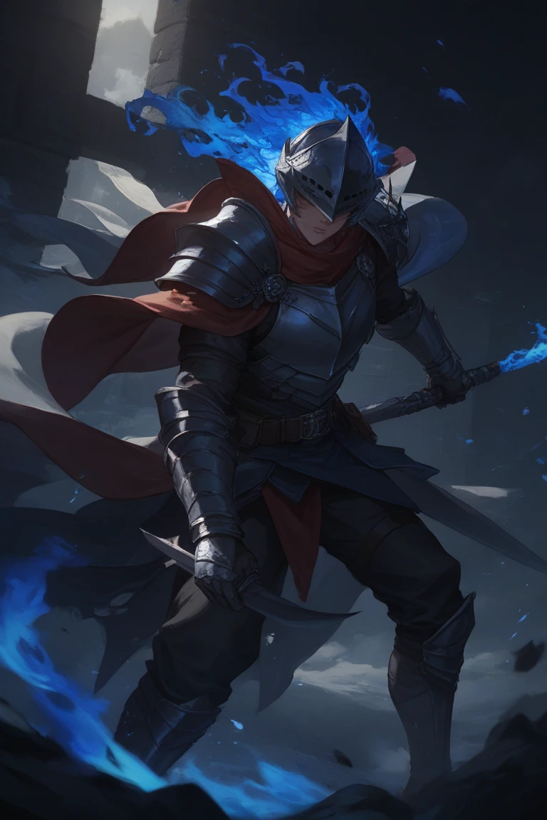 The Dark Knight, wielding a huge blade and rushing forward, sparks on the armor. Highly fantastic realistic style, are drawn digitally illustrated,with layered post-effects. blue fire backlight, Blade shines. armor plate details, motion blur on the cape. 8 thousand, Strong contrast, Hyperdynamic.