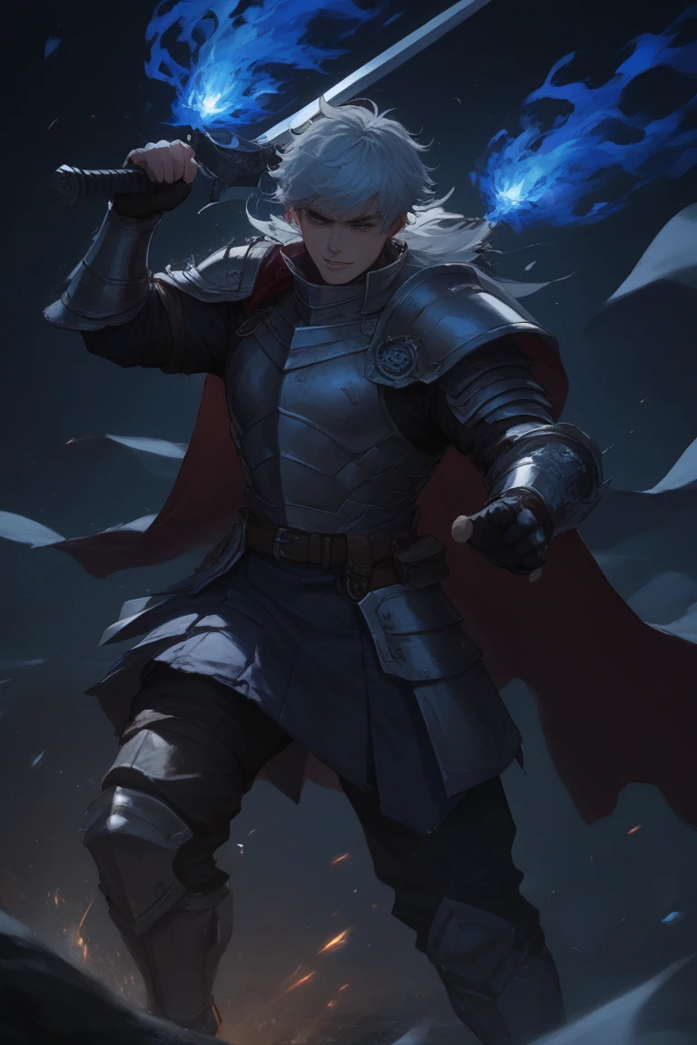 The Dark Knight, wielding a huge blade and rushing forward, sparks on the armor. Highly fantastic realistic style, are drawn digitally illustrated,with layered post-effects. blue fire backlight, Blade shines. armor plate details, motion blur on the cape. 8 thousand, Strong contrast, Hyperdynamic.