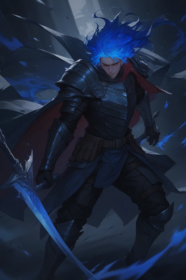 The Dark Knight, wielding a huge blade and rushing forward, sparks on the armor. Highly fantastic realistic style, are drawn digitally illustrated,with layered post-effects. blue fire backlight, Blade shines. armor plate details, motion blur on the cape. 8 thousand, Strong contrast, Hyperdynamic.