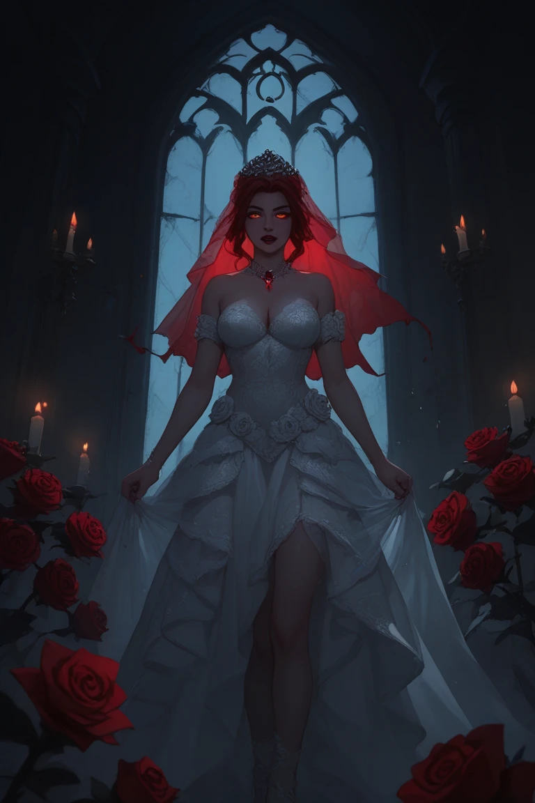 Dark fantasy bride in black lace wedding gown, crimson veil, pale glowing skin, standing in demonic cathedral with blood-red roses, eerie candlelight --v 6