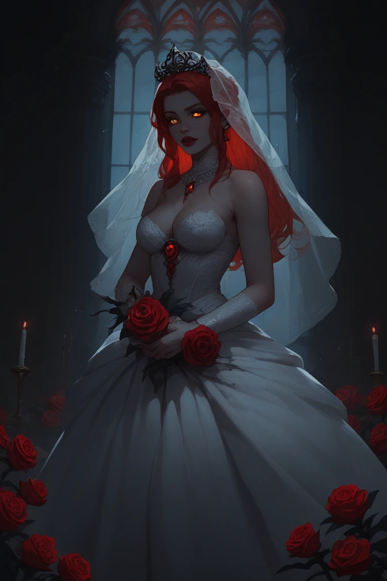 Dark fantasy bride in black lace wedding gown, crimson veil, pale glowing skin, standing in demonic cathedral with blood-red roses, eerie candlelight --v 6
