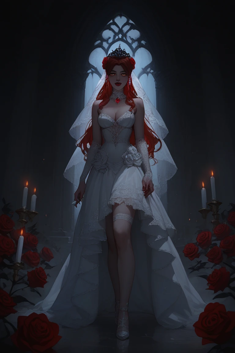 Dark fantasy bride in black lace wedding gown, crimson veil, pale glowing skin, standing in demonic cathedral with blood-red roses, eerie candlelight --v 6