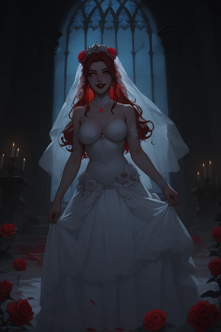 Dark fantasy bride in black lace wedding gown, crimson veil, pale glowing skin, standing in demonic cathedral with blood-red roses, eerie candlelight --v 6