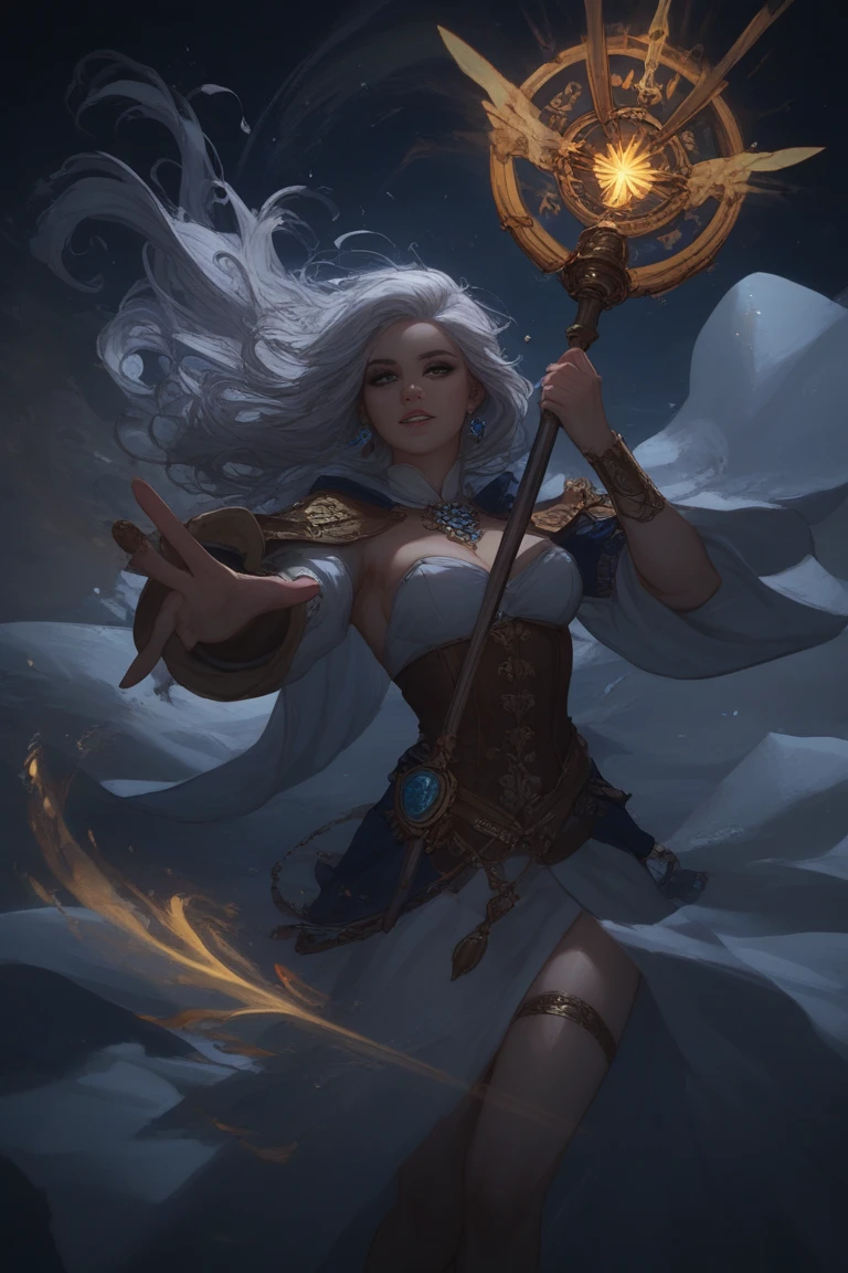 Mystic sorceress in flowing azure , glowing rune staff, silver hair swirling in arcane winds, ancient spellbook floating, magical aura --v 6